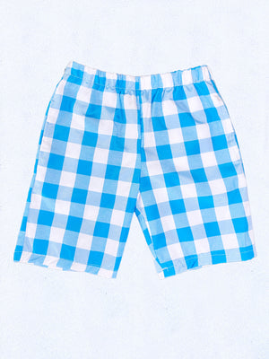 Kid Youth Unisex Multicolor Checkered Plaid Dusty Blue White Shorts