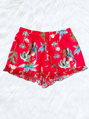 Black Hawaiian Tropical Pattern Ruffle Shorts Plant Shorts Adult