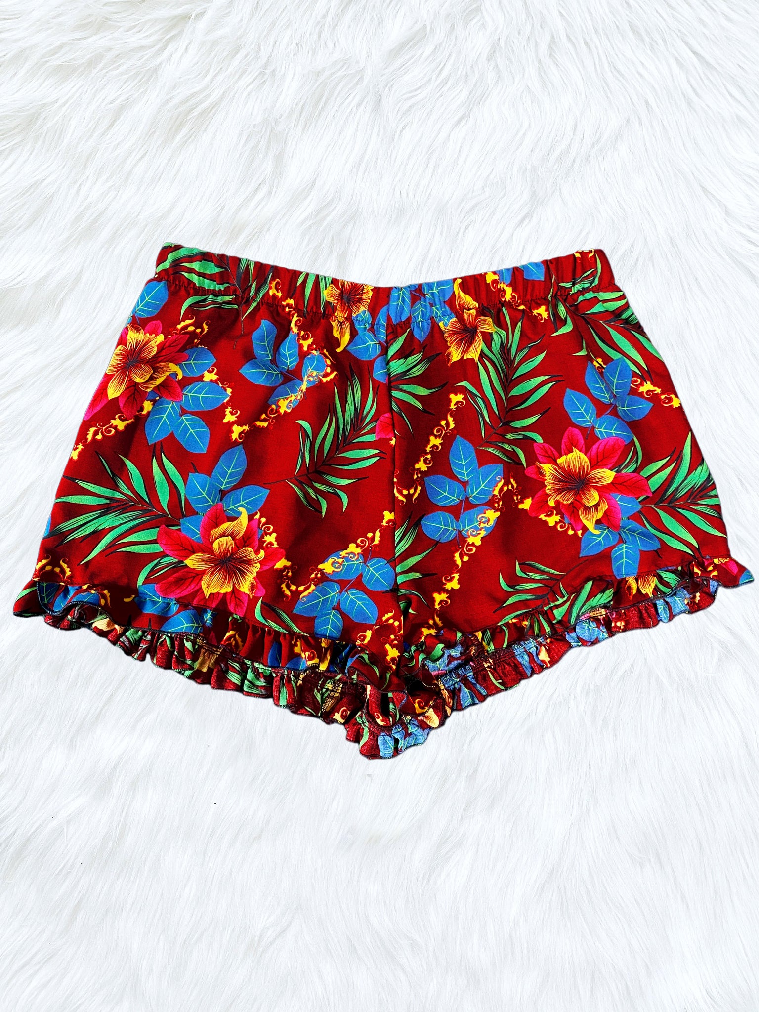 Hawaiian Pattern Ruffle Shorts Adult Red Yellow