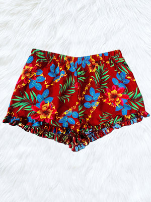 Floral Tropical White Pattern Ruffle Shorts Adult Women