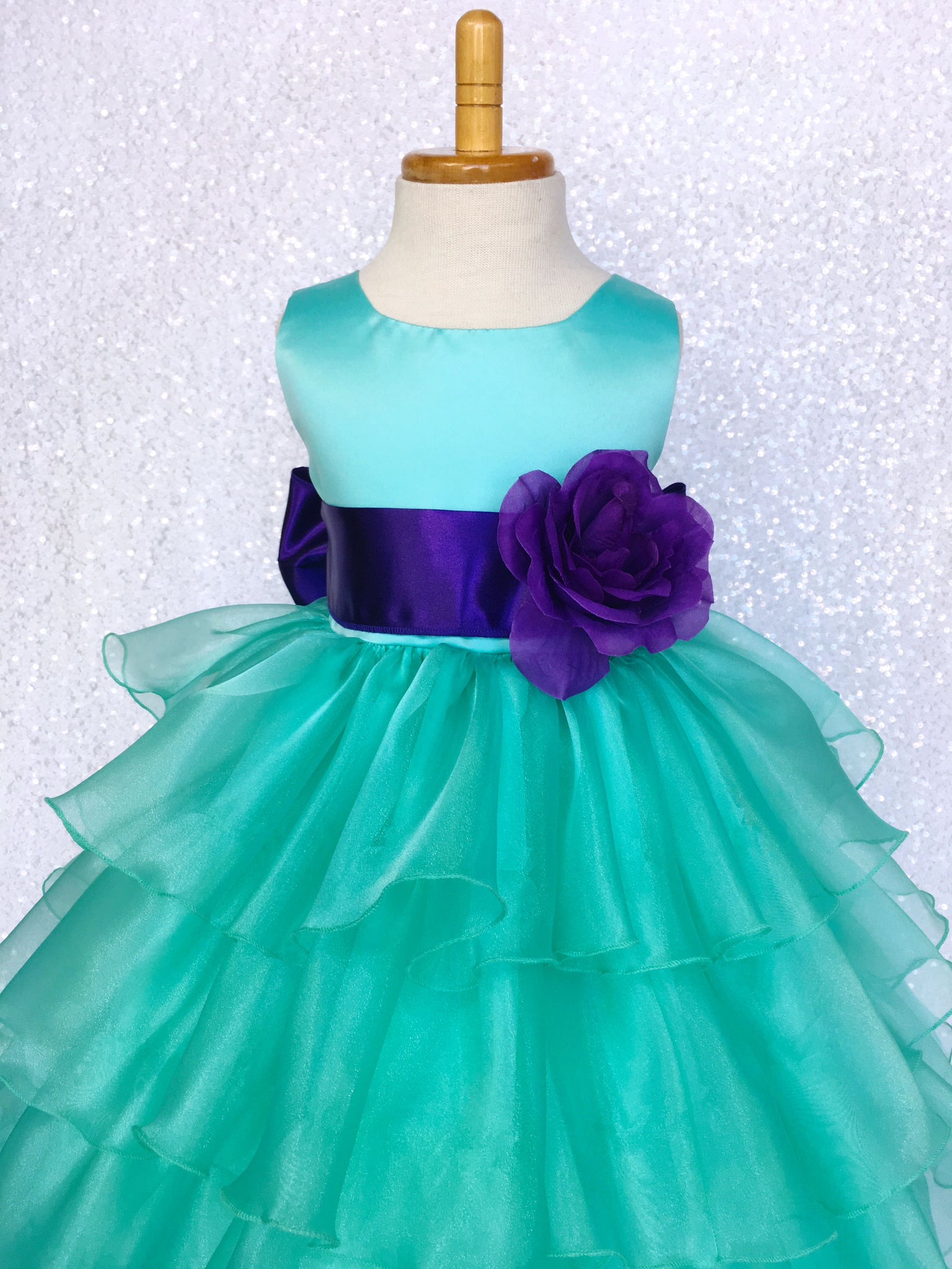 Aqua Satin Organza Ruffle Sleeveless Dress White Sash Flower