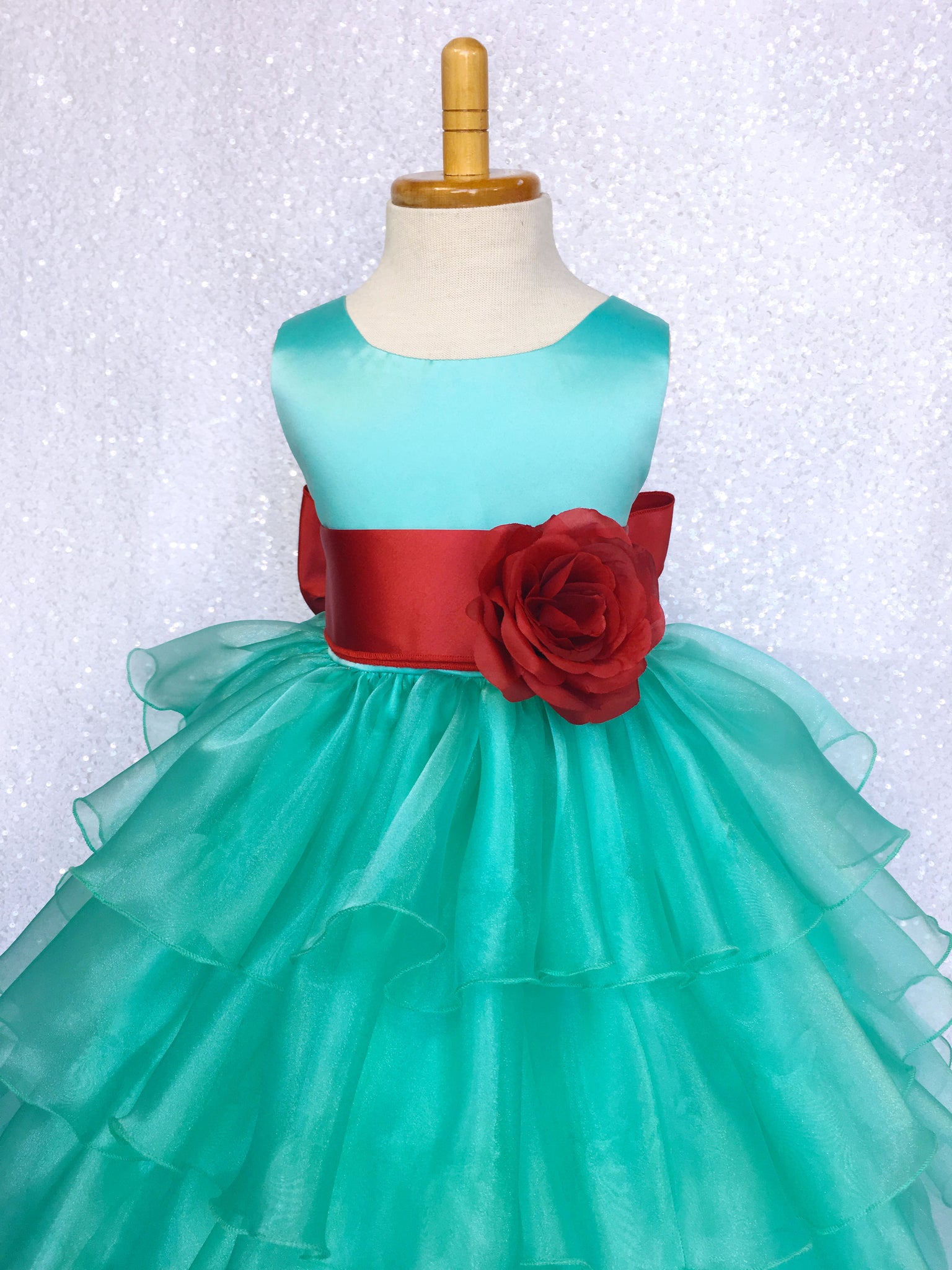 Aqua Satin Organza Ruffle Sleeveless Dress White Sash Flower