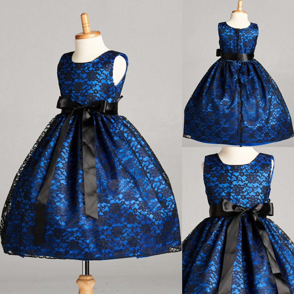 Sleeveless Floral Black Lace Royal Blue Lining Dress