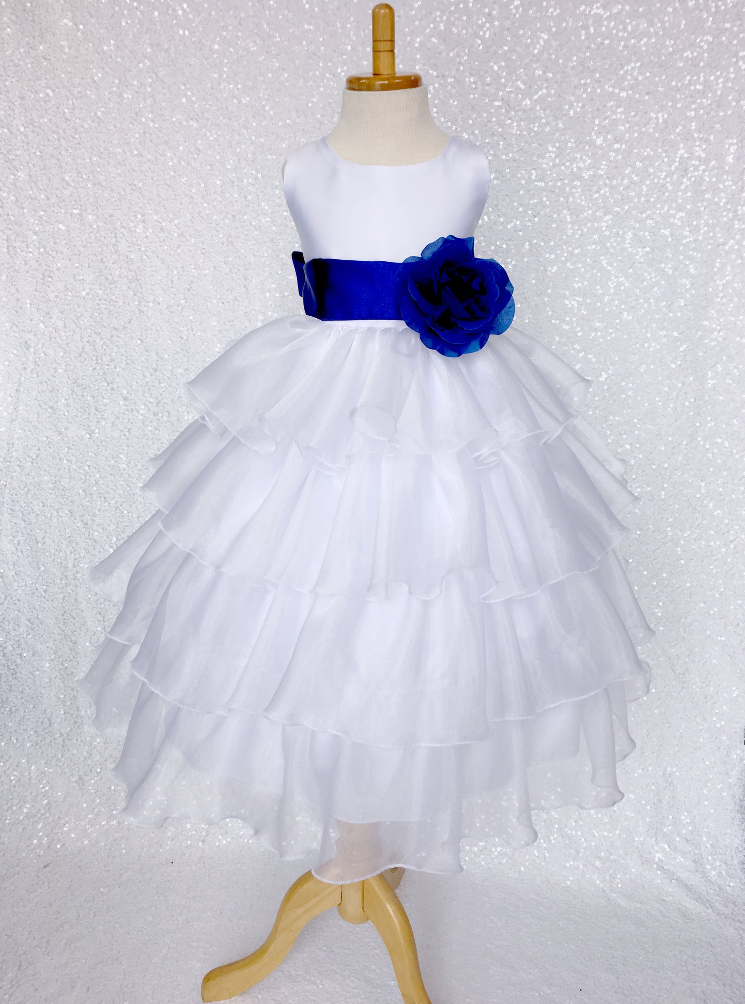 White Organza Ruffle Sleeveless Satin Dress Teal Sash Flower