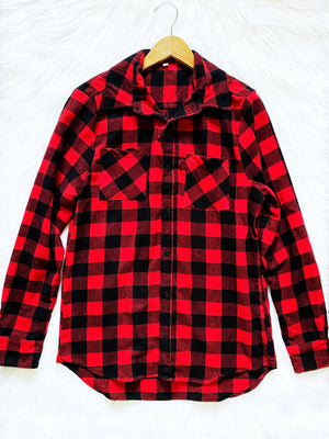 Unisex Flannel Plaid White Black Long Sleeve Cotton Adult Shirt