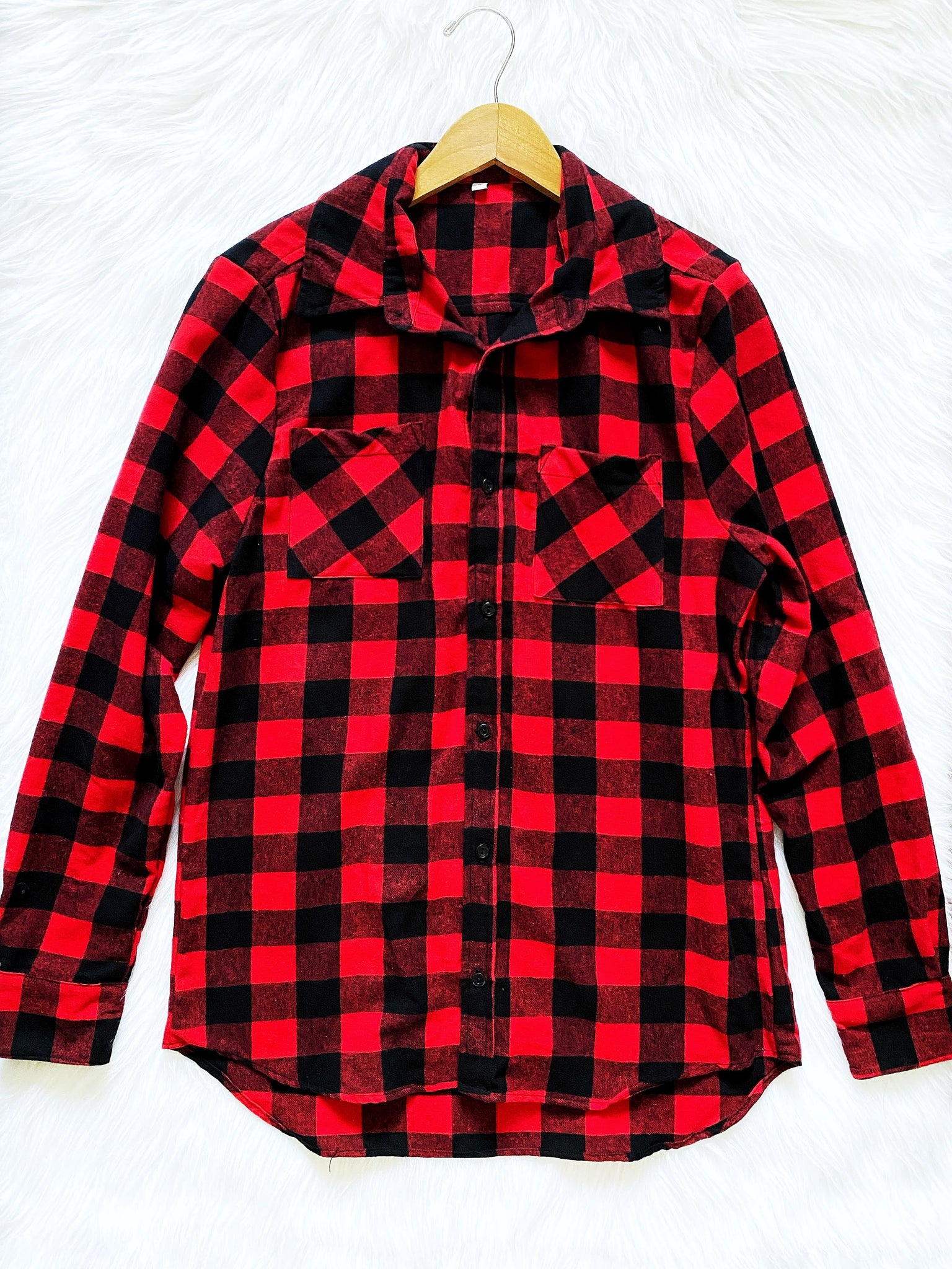 Long Sleeve Red Black Buffalo Plaid Flannel Cotton Shirt Unisex