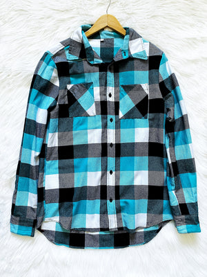 Teal Black Long Sleeve Unisex Button Up Plaid Flannel Adult Shirt