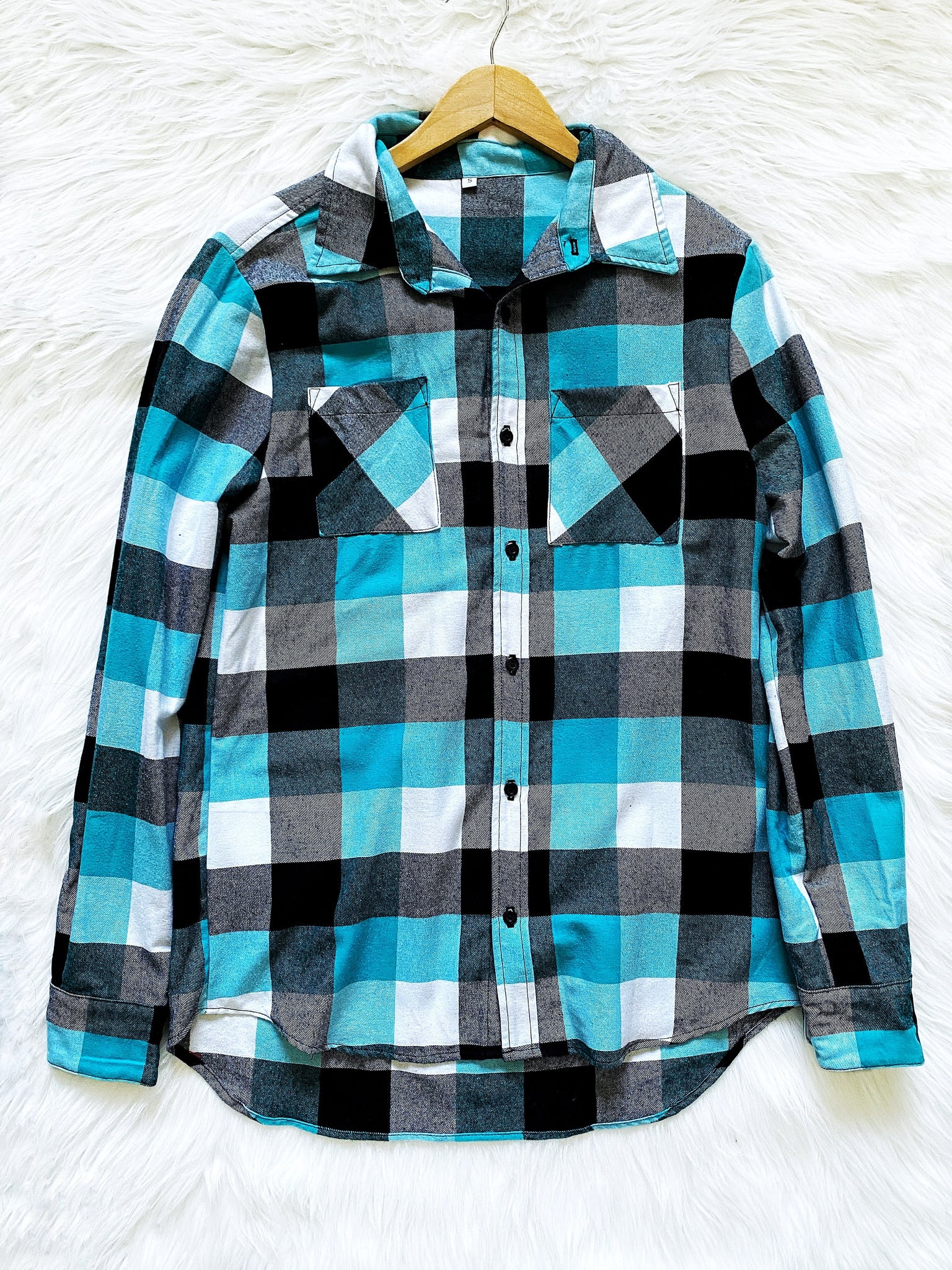 Unisex Flannel Plaid White Black Long Sleeve Cotton Adult Shirt