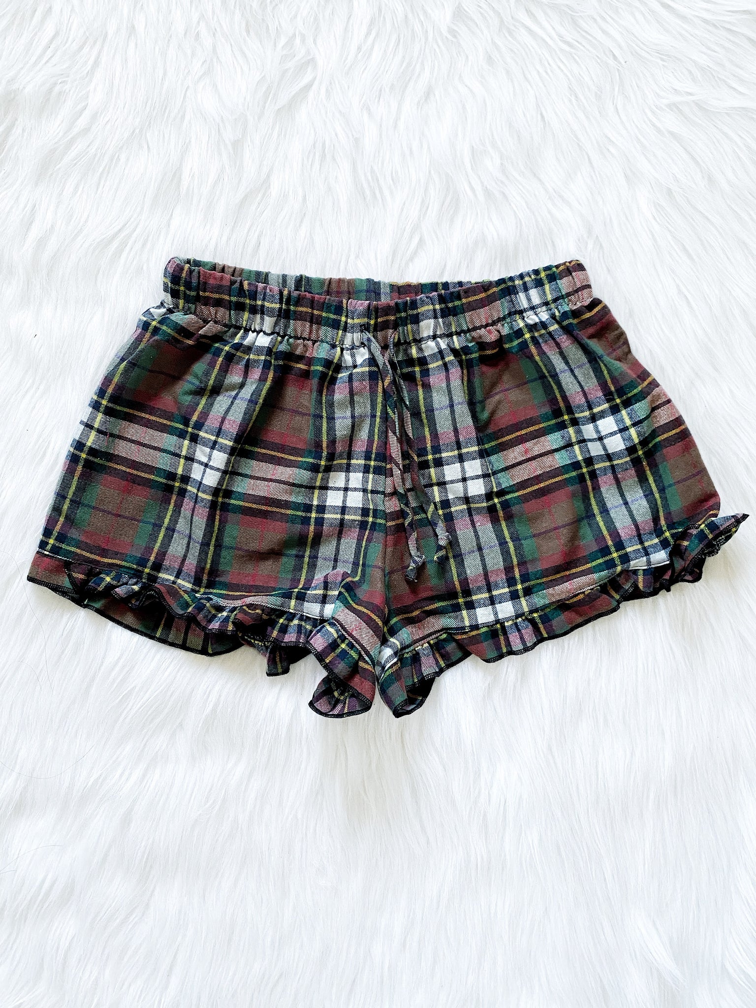 Adult Women Pajama Plaid White Black Shorts Ruffle PJ