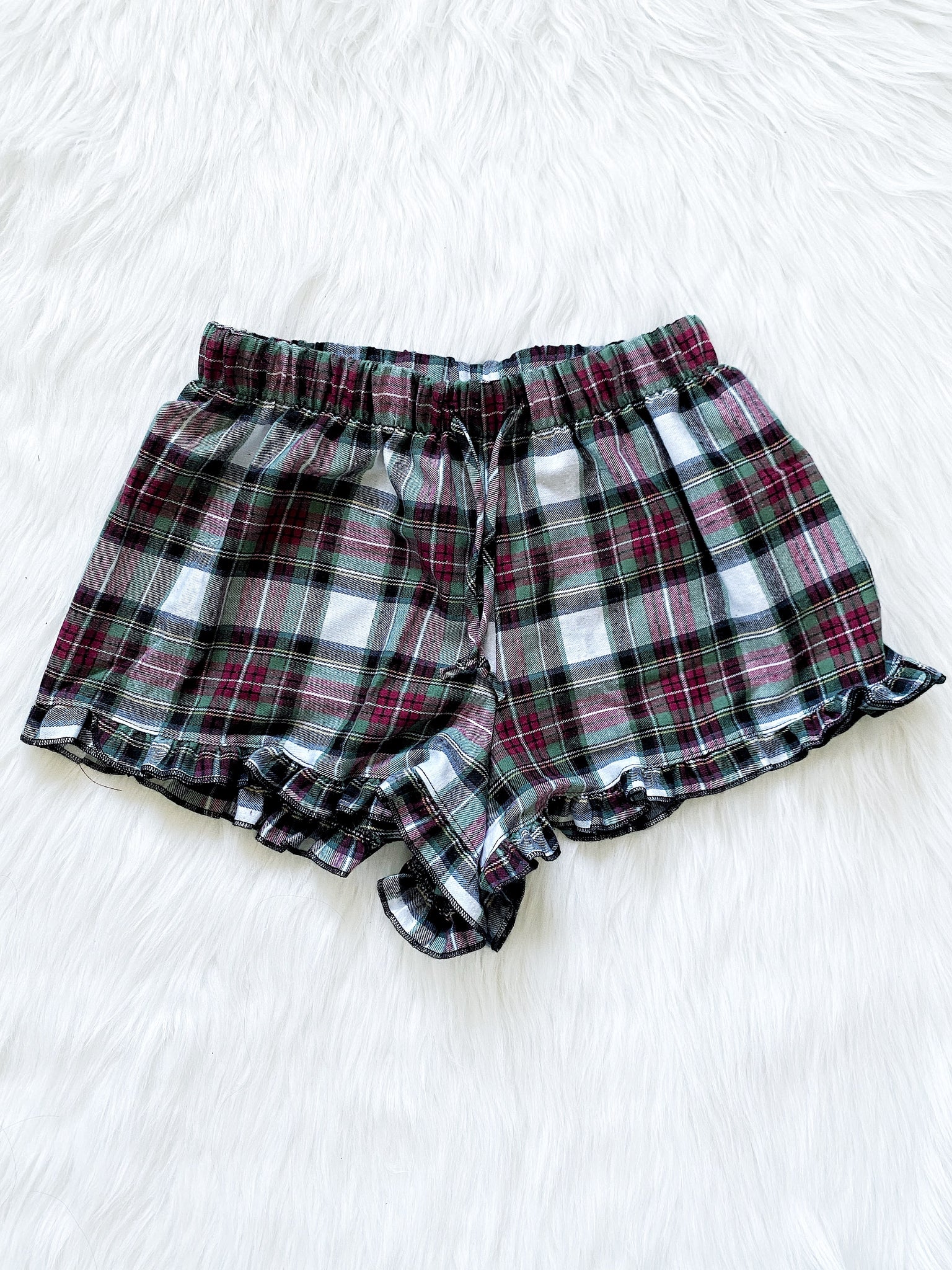 Adult Women Pajama Plaid White Black Shorts Ruffle PJ