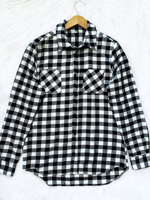 Navy Yellow Button Up Plaid Flannel Adult Shirt Unisex