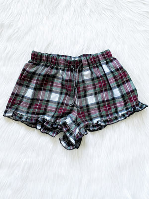 Women Pajama Plaid Red Black Shorts Ruffle Adult PJ