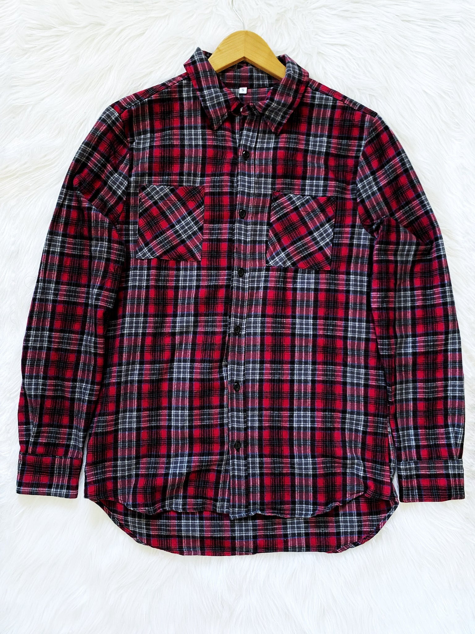 Gray Red Buffalo Plaid Flannel Long Sleeve Cotton Adult Unisex Shirt