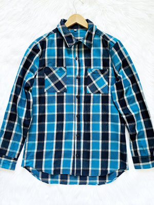 Navy Yellow Button Up Plaid Flannel Adult Shirt Unisex