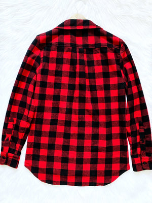 Gray Red Buffalo Plaid Flannel Long Sleeve Cotton Adult Unisex Shirt