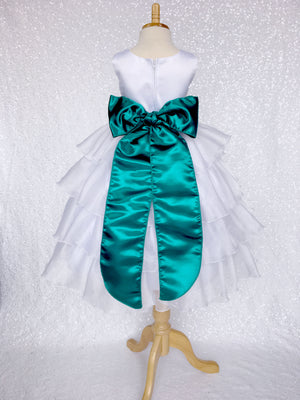 White Organza Ruffle Sleeveless Satin Dress Teal Sash Flower