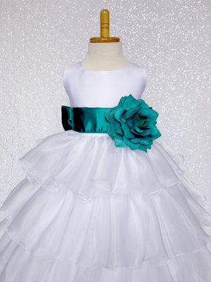 White Organza Ruffle Sleeveless Satin Dress Teal Sash Flower