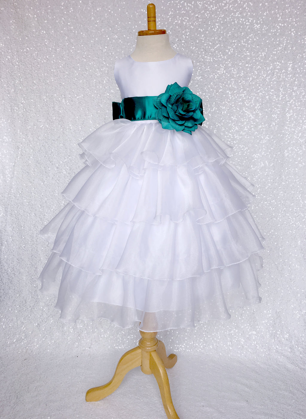 White Organza Ruffle Sleeveless Satin Dress Teal Sash Flower