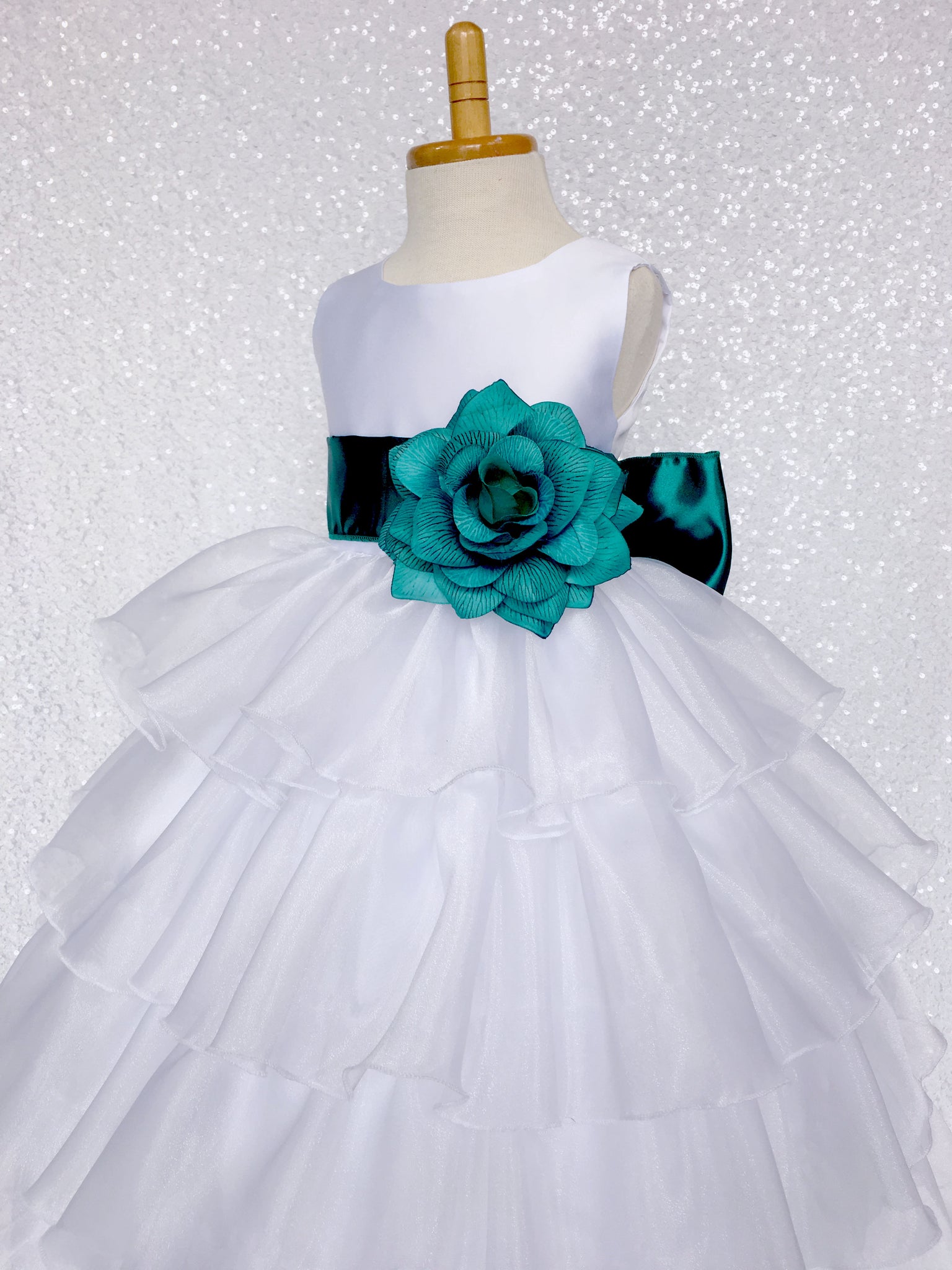 White Organza Ruffle Sleeveless Satin Dress Teal Sash Flower