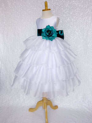 White Organza Ruffle Sleeveless Satin Dress Teal Sash Flower