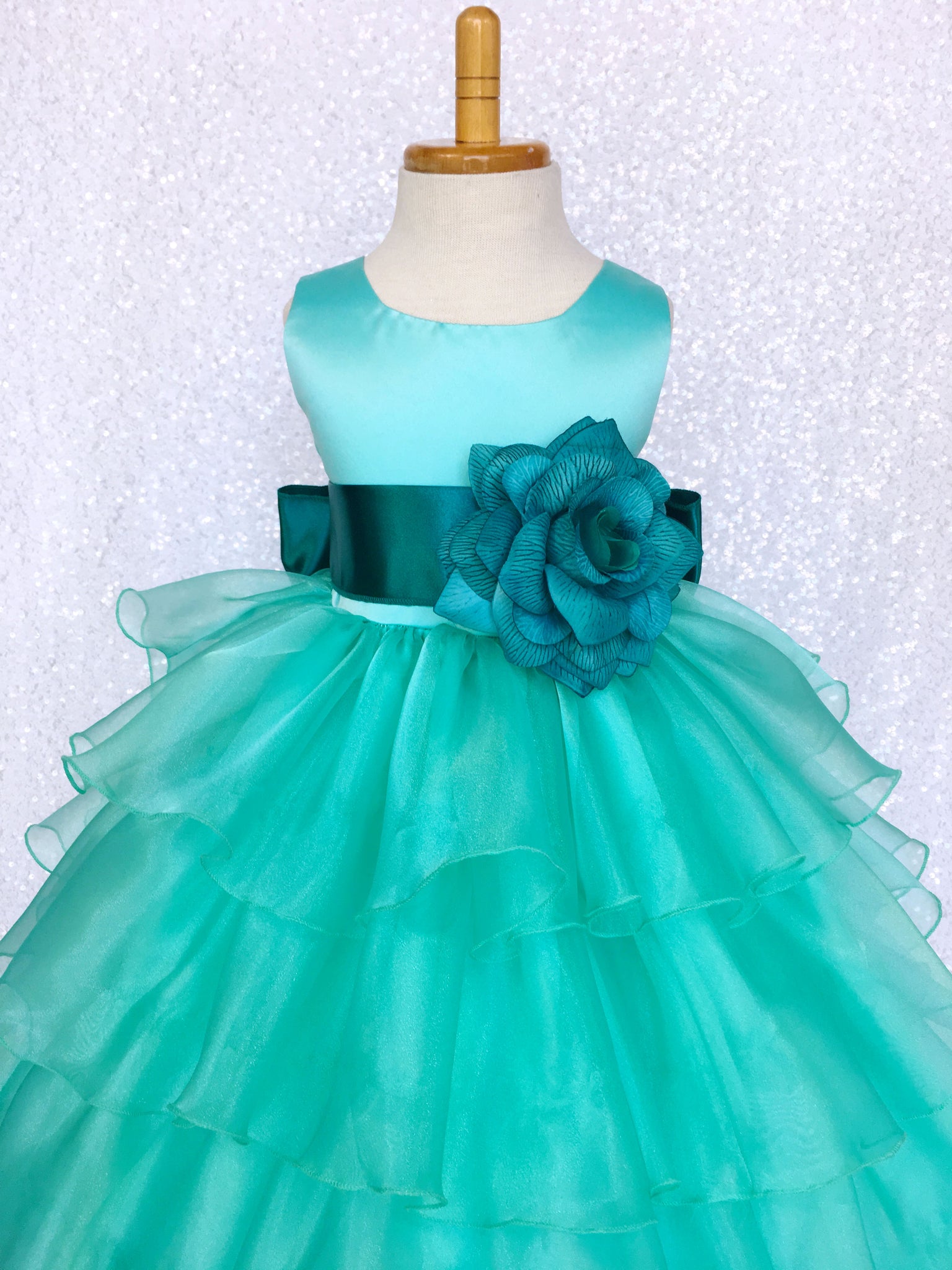 Aqua Satin Organza Ruffle Sleeveless Dress White Sash Flower