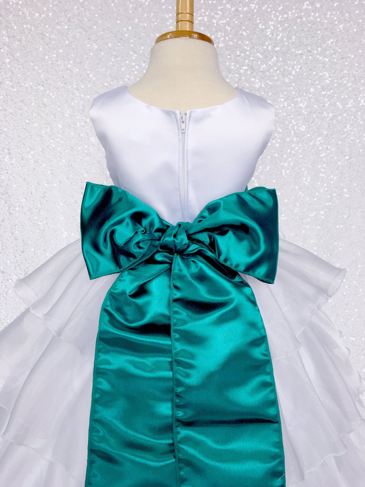 White Organza Ruffle Sleeveless Satin Dress Teal Sash Flower