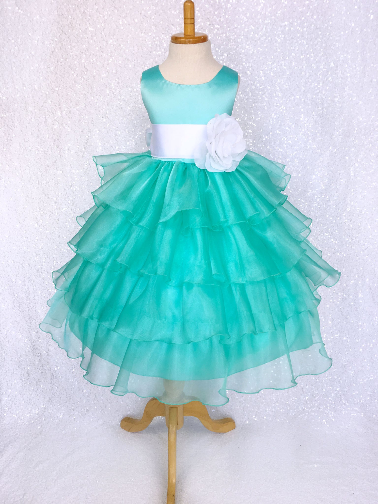 Aqua Satin Organza Ruffle Sleeveless Dress White Sash Flower