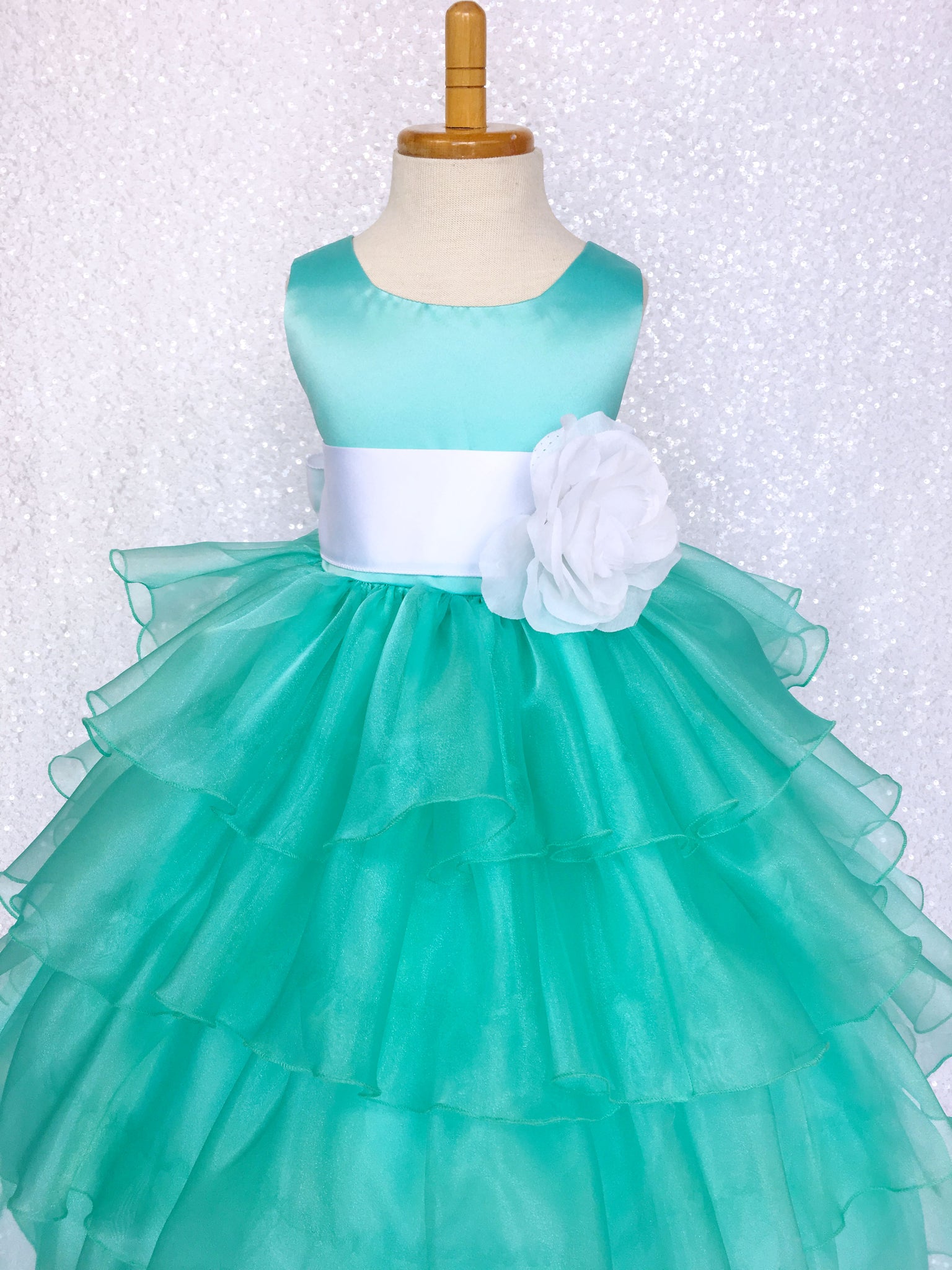 Aqua Satin Organza Ruffle Sleeveless Dress White Sash Flower