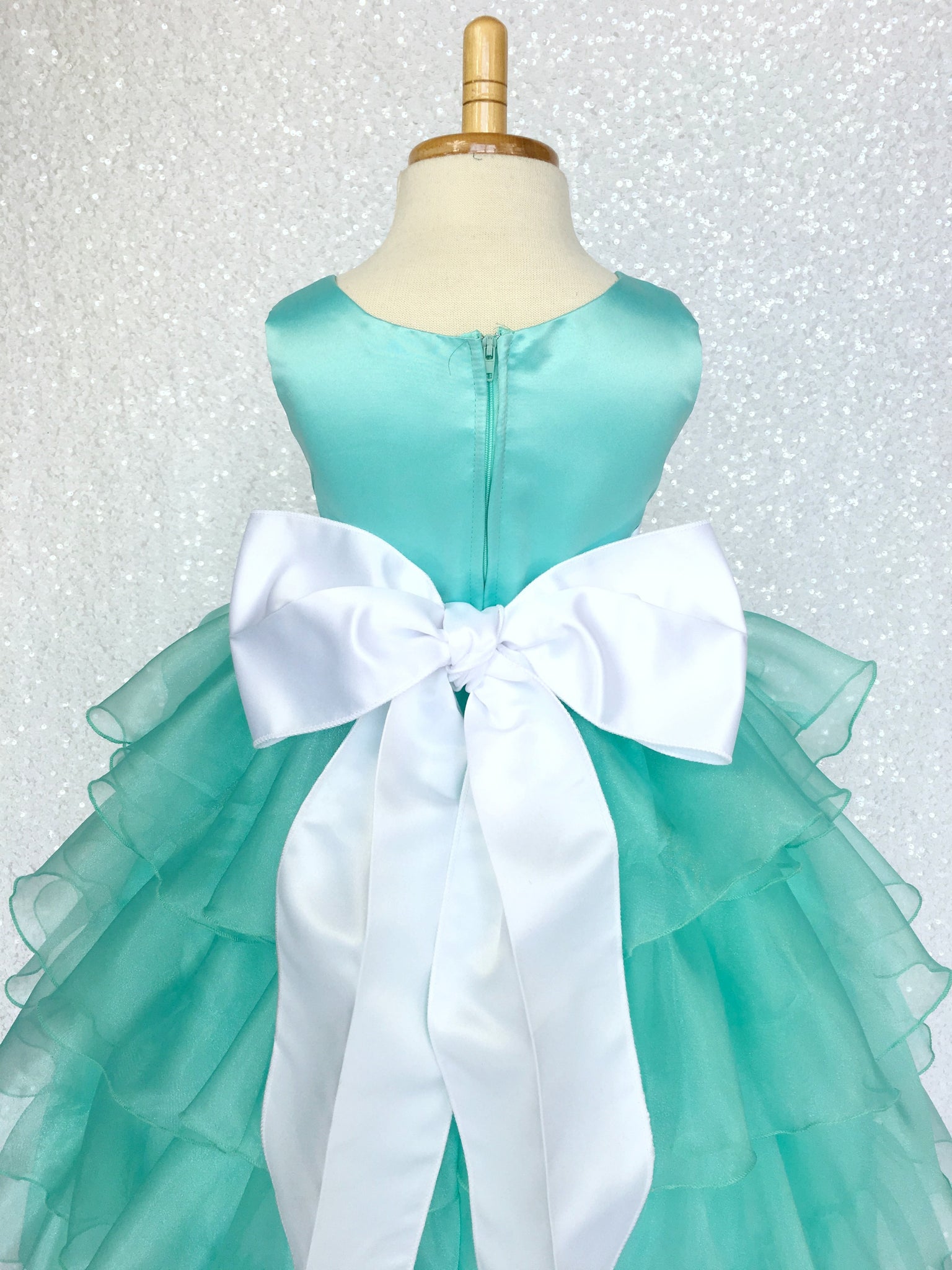 Aqua Satin Organza Ruffle Sleeveless Dress White Sash Flower