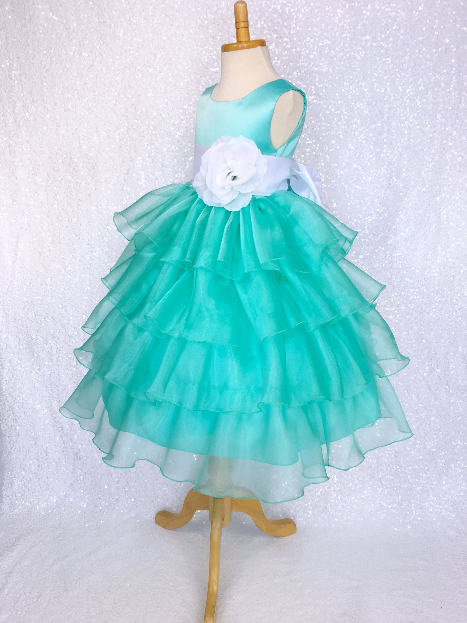 Aqua Satin Organza Ruffle Sleeveless Dress White Sash Flower