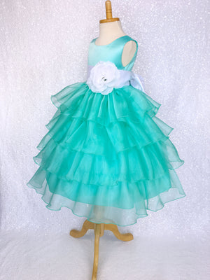 Aqua Satin Organza Ruffle Sleeveless Dress White Sash Flower