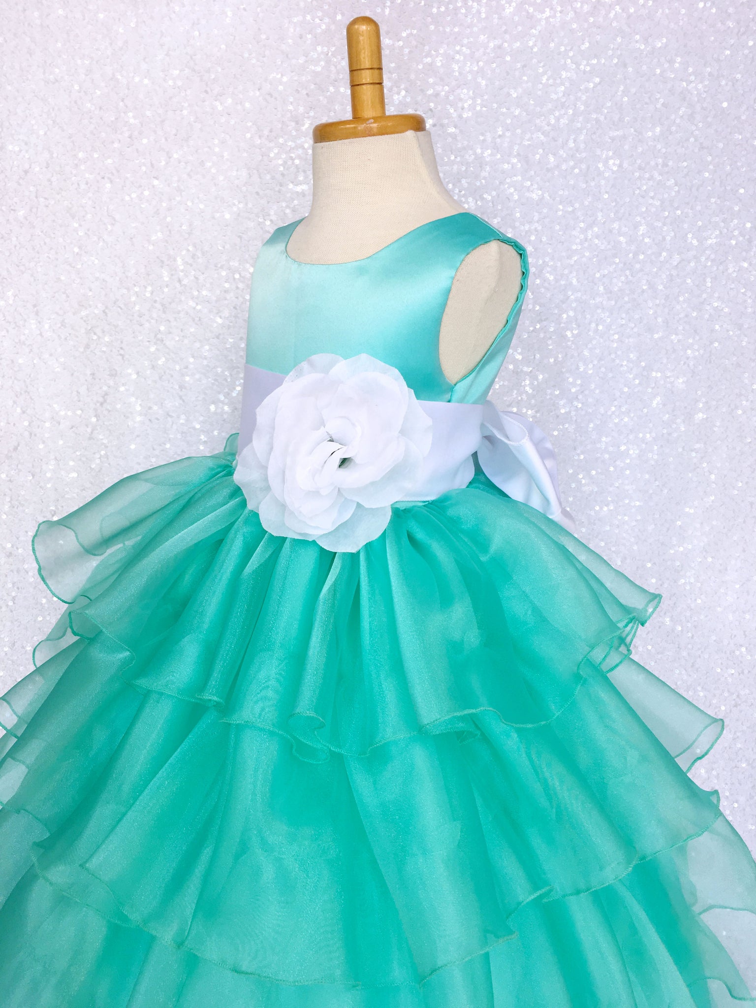 Aqua Satin Organza Ruffle Sleeveless Dress White Sash Flower