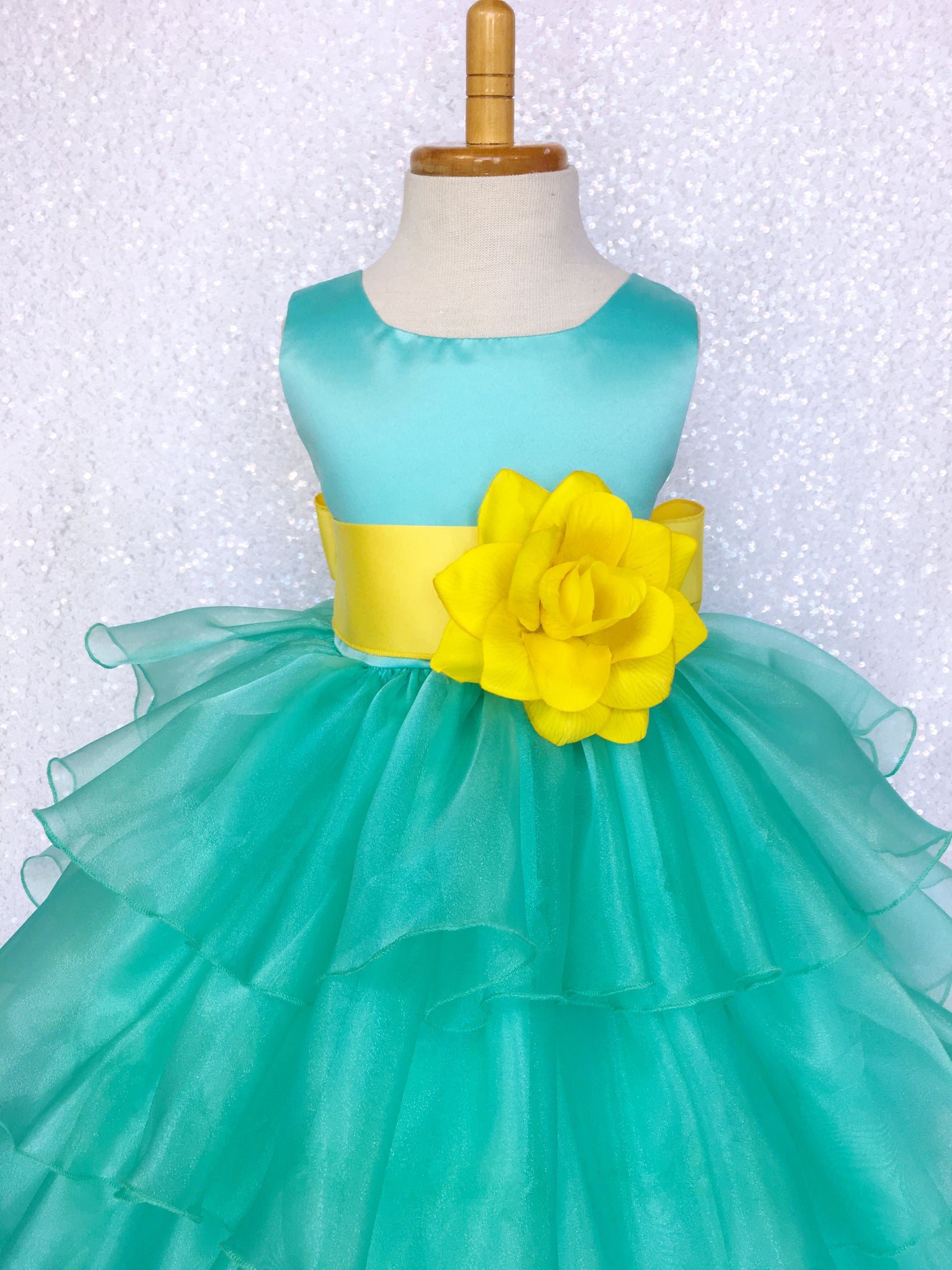 Aqua Satin Organza Ruffle Sleeveless Dress White Sash Flower