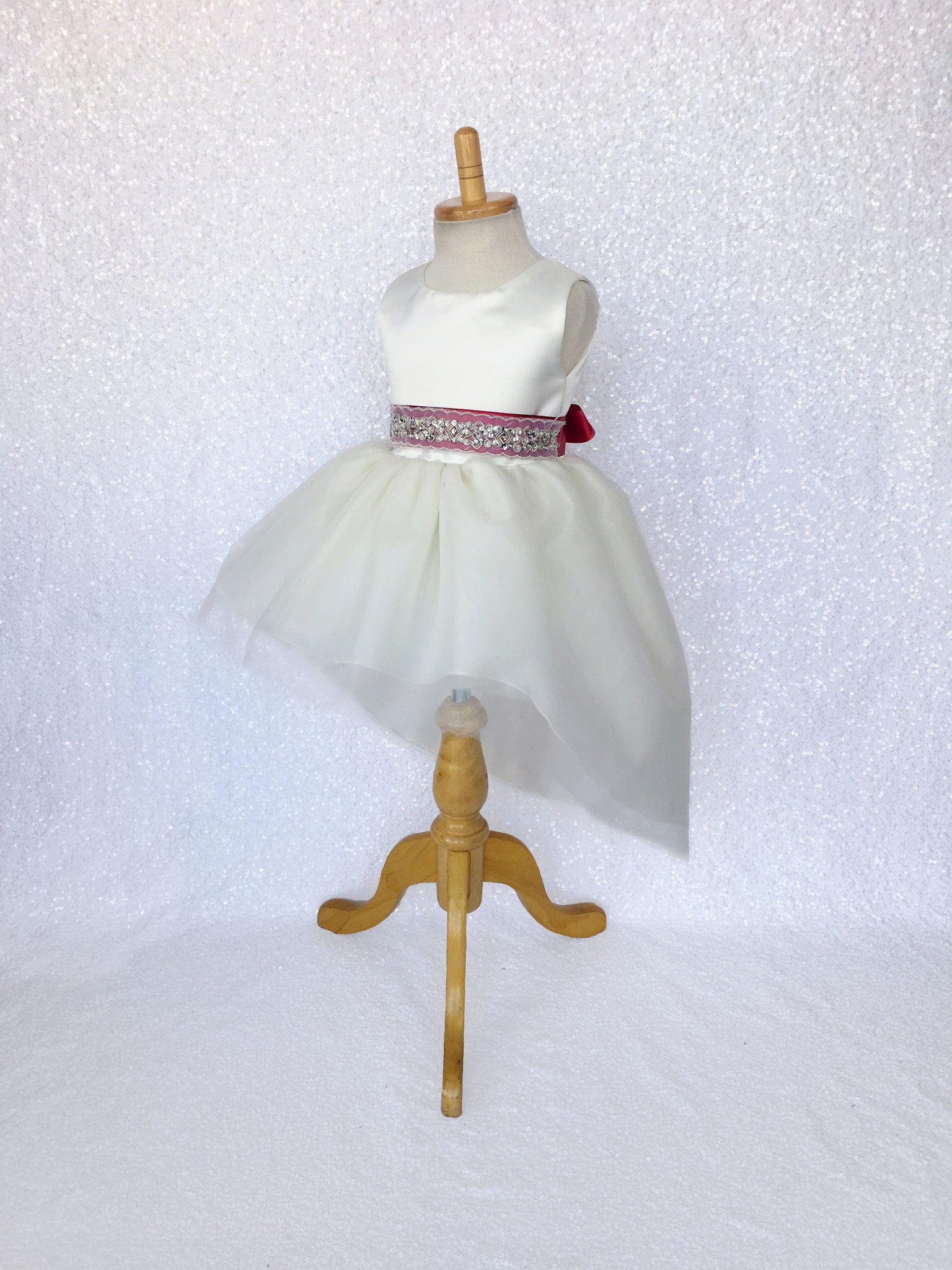 Ivory Satin High Low 4 Layer Tulle Dress Sequin Ribbon