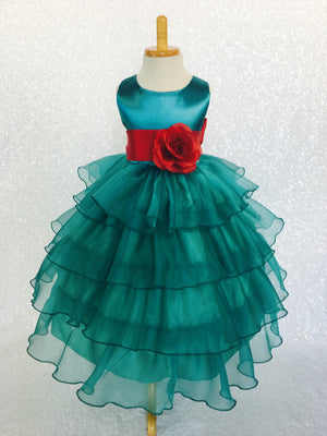 Teal Organza Ruffle Sleeveless Satin Dress