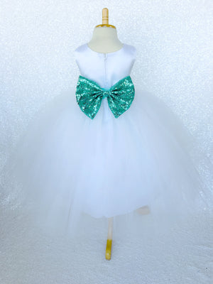 Sleeveless White 4 Layer Tulle Princess Dress Aqua Sequin Bow Ribbon