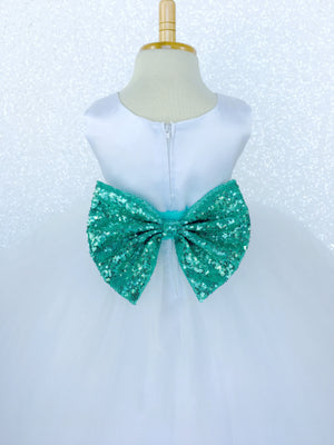 Sleeveless White 4 Layer Tulle Princess Dress Aqua Sequin Bow Ribbon