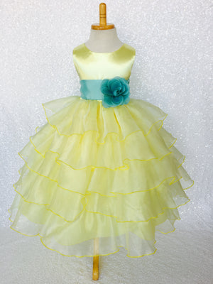 Canary Yellow Sleeveless Satin Organza Ruffle Dress