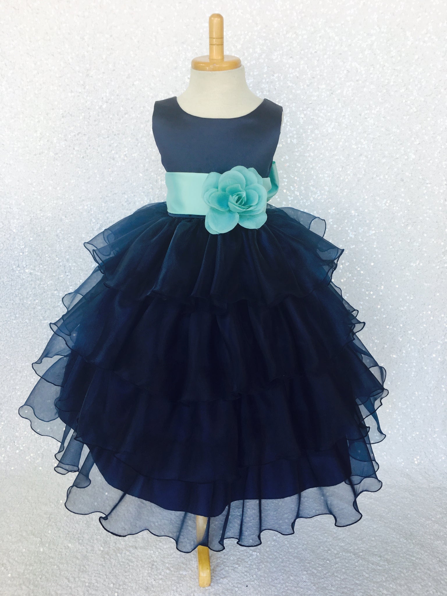 Navy Blue Sleeveless Satin Organza Ruffle Dress