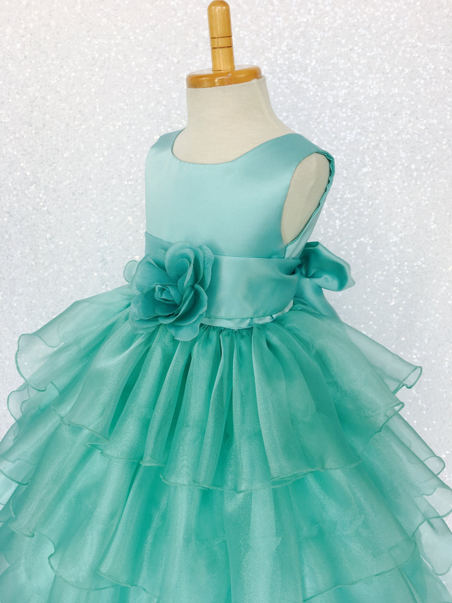 Satin Aqua Organza Ruffle Sleeveless Dress Sash Flower