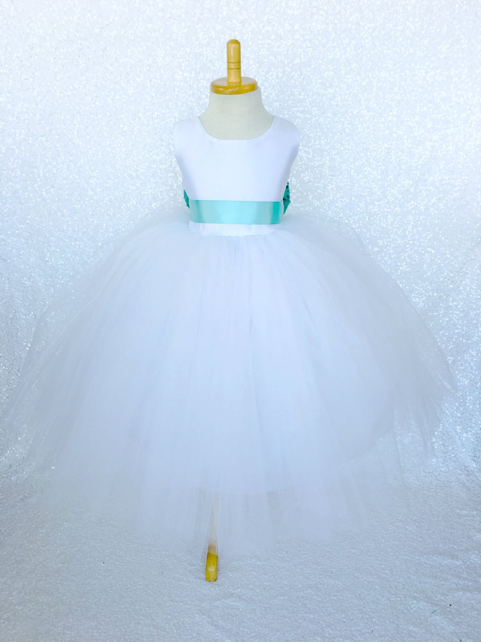 Sleeveless White 4 Layer Tulle Princess Dress Aqua Sequin Bow Ribbon