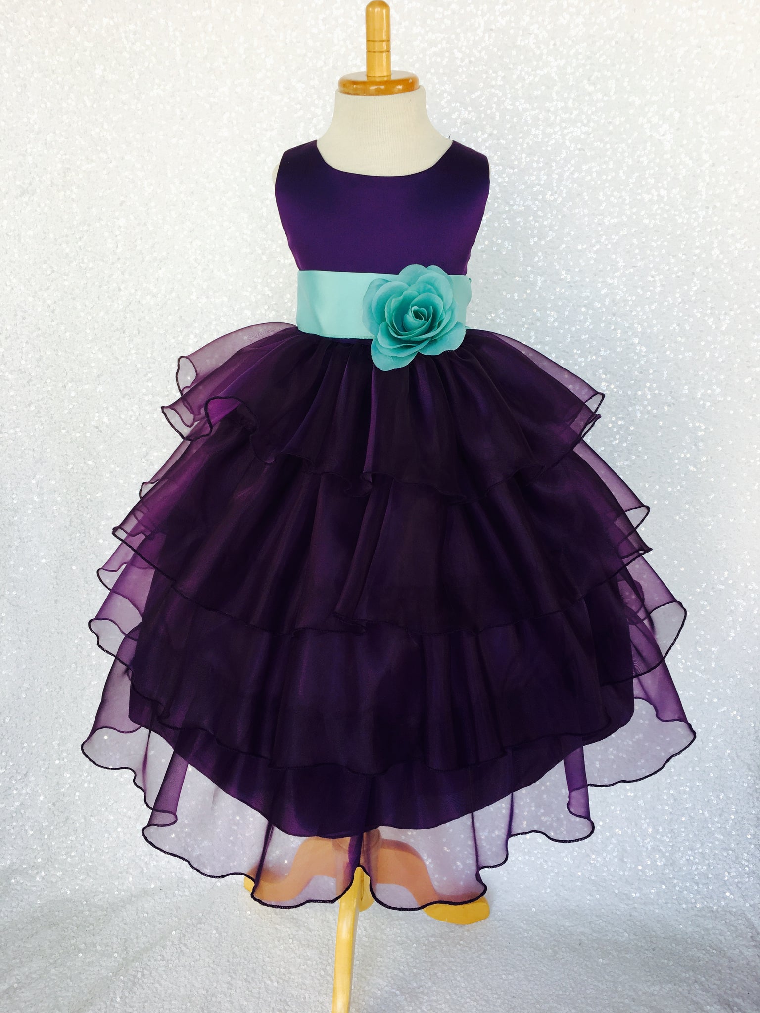 Plum Sleeveless Satin Organza Ruffle Dress