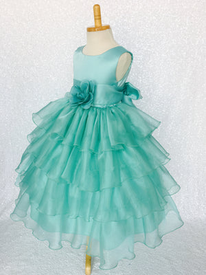 Satin Aqua Organza Ruffle Sleeveless Dress Sash Flower