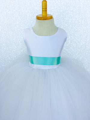 Sleeveless White 4 Layer Tulle Princess Dress Aqua Sequin Bow Ribbon