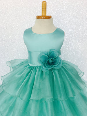 Satin Aqua Organza Ruffle Sleeveless Dress Sash Flower