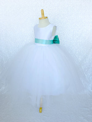 Sleeveless White 4 Layer Tulle Princess Dress Aqua Sequin Bow Ribbon