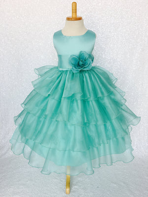 Satin Aqua Organza Ruffle Sleeveless Dress Sash Flower