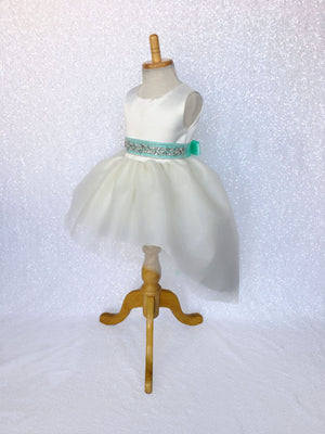 Ivory Satin High Low 4 Layer Tulle Dress Royal Blue Sequin Ribbon