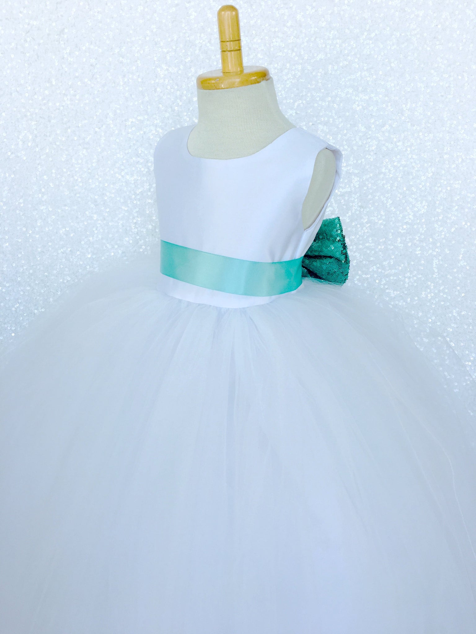 Sleeveless White 4 Layer Tulle Princess Dress Aqua Sequin Bow Ribbon