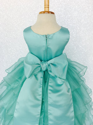 Satin Aqua Organza Ruffle Sleeveless Dress Sash Flower